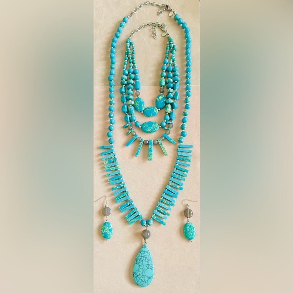 Chicos turquoise/2 necklaces/one double layered/& earrings silver & multicolored
